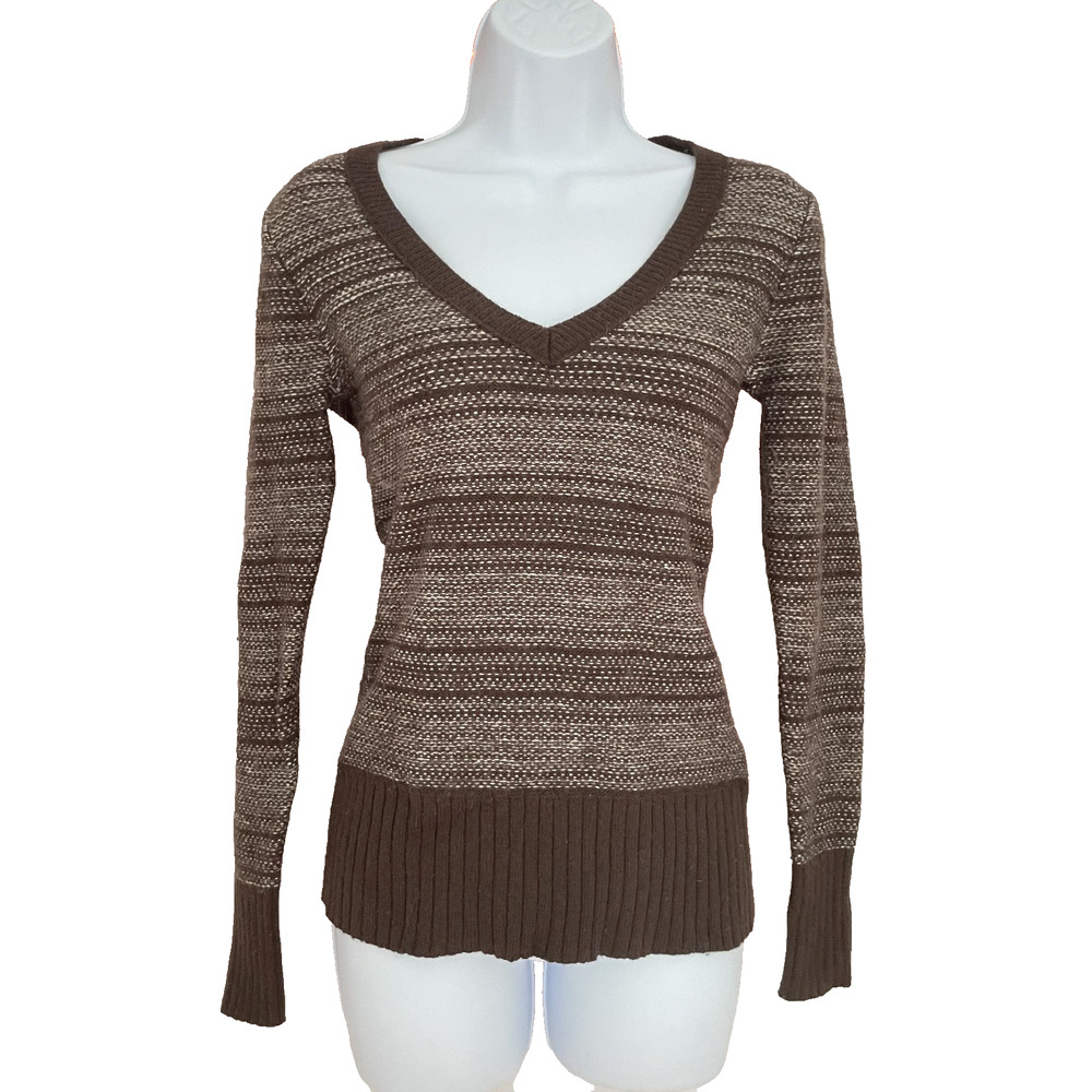 Vtg Y2K Fitted V Neck Sweater S Brown Striped Angora Blend Bella Swan Academia